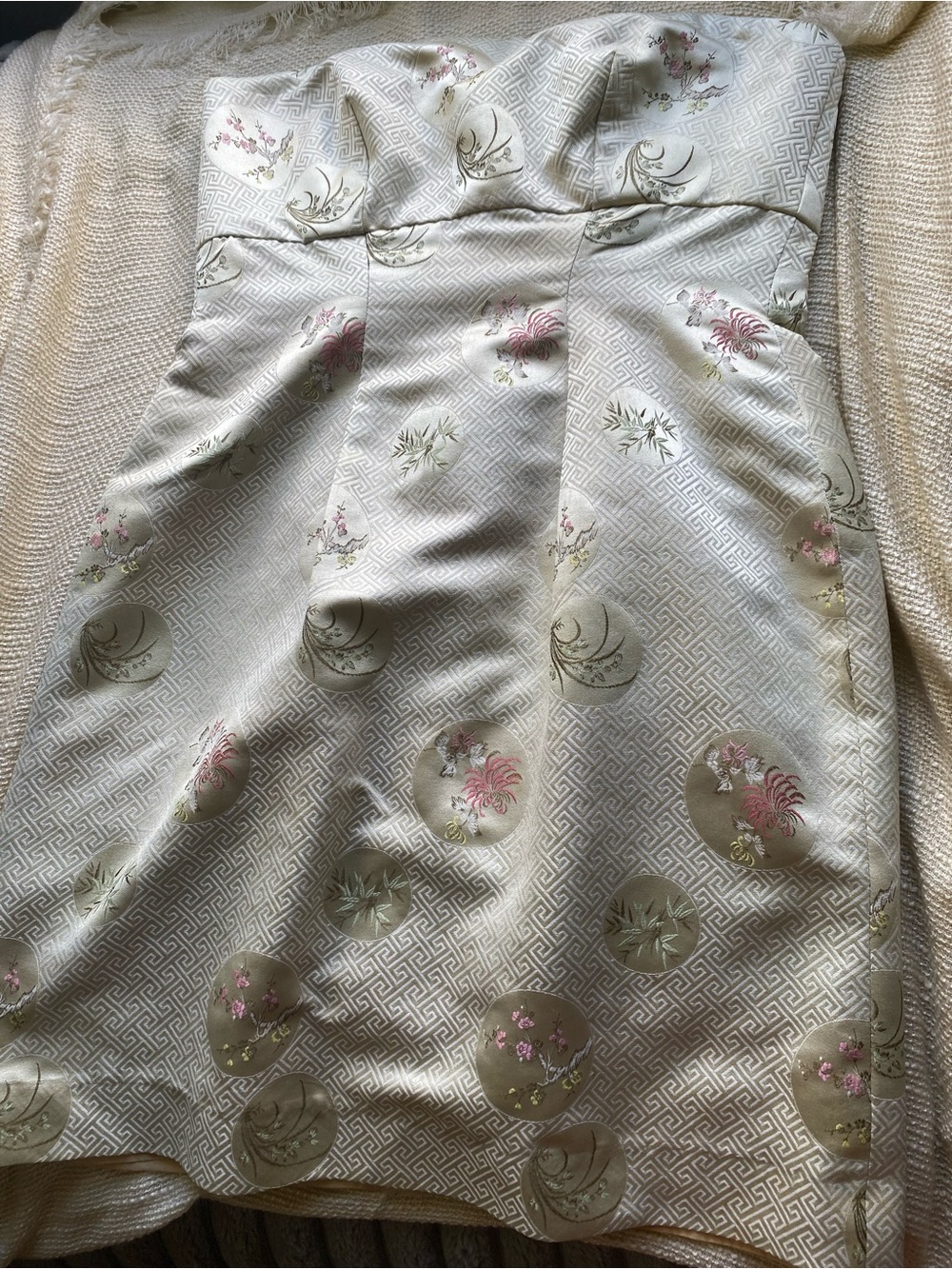 Custom Tailored Gold Silk Brocade Strapless Dress Floral Medallions